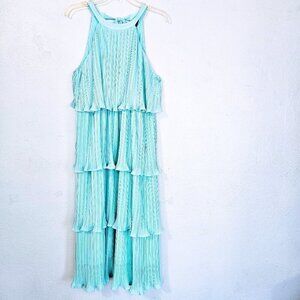 ZESICA Women's Aqua Blue Feminine Halter Neck Midi Dress Size L Tiered Chiffon